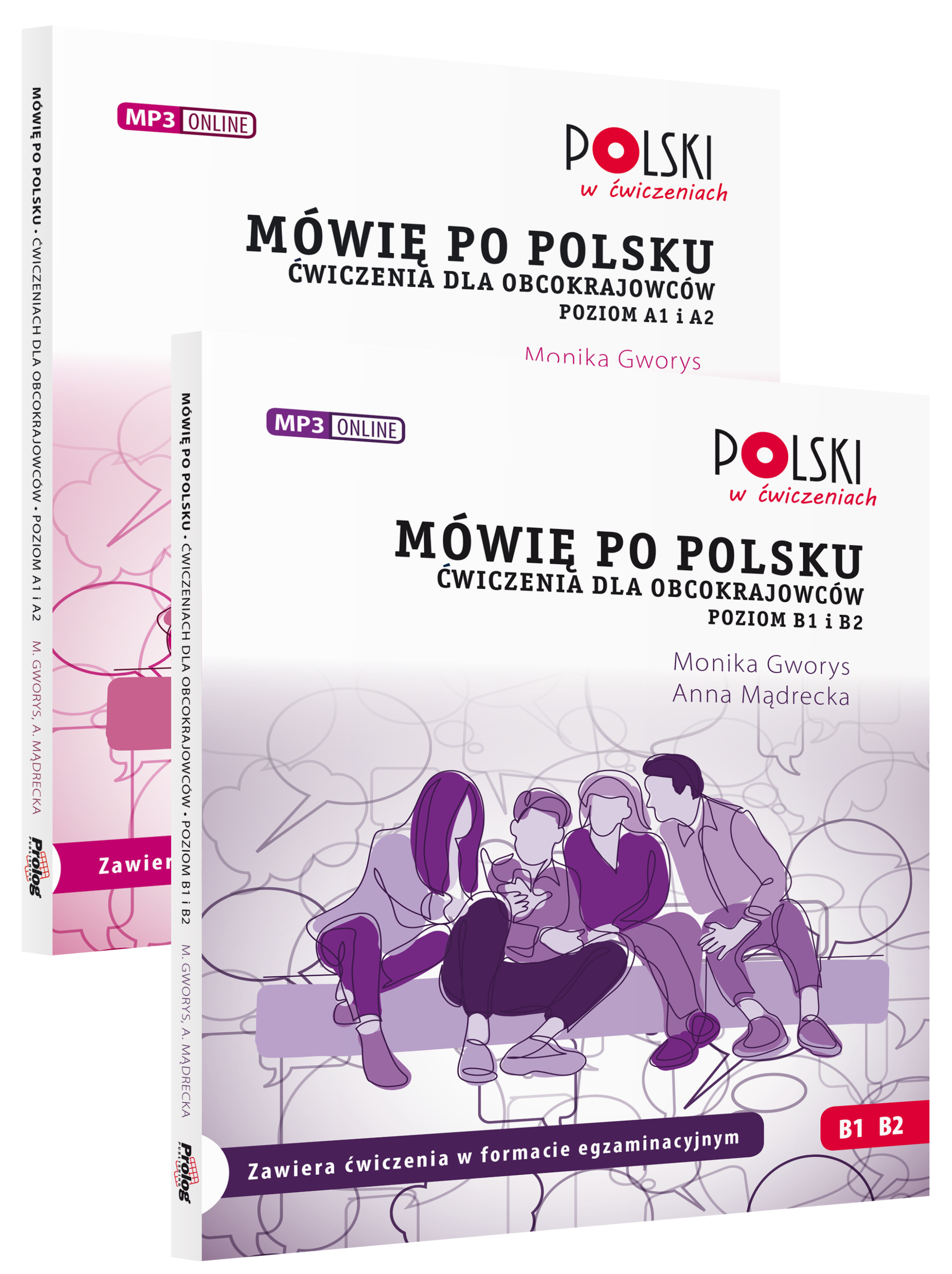 Okładki podręczników Mówię po polsku. Ćwiczenia dla obcokrajowców na poziom A1 i A2 oraz B1 i B2